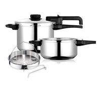 Shein Olla a presión Dual Xpress de 6 + 4 litros + canasta, inducción, superrápida, acero inoxidable 18/10, para todo tipo de cocinas, base termodifusora, r