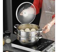 Shein Olla vaporera de alta calidad de acero inoxidable de gran capacidad, olla para sopa con bandeja vaporera y tapa de vidrio, acero inoxidable 304, mayor