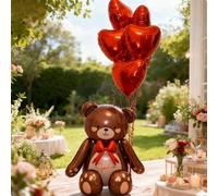 Shein Oso marrón sentado de 71 cm Globo de helio de dibujo animado 3D con lazo rojo - Viene con globo de látex rojo y corazón rojo, adecuado para decoración