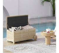 Shein Outsunny Baúl de Almacenaje Exterior 185L Arcón de Jardín de Madera Impermeable con Tapa Abrible 2 Ruedas Cuerdas de Lino Bisagras Metálicas y Forro I