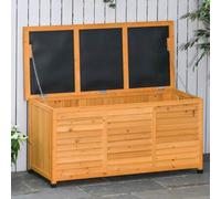 Shein Outsunny Baúl de Madera Exterior Caja de Almacenamiento de Jardín con Tapa Abrible y Diseño Persiana 127x56x60 cm