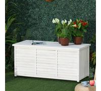 Shein Outsunny Baúl de Madera Exterior Caja de Almacenamiento de Jardín con Tapa Abrible y Diseño Persiana 127x56x60 cm