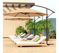 Shein Outsunny Parasol Excéntrico Ø 290 cm Sombrilla de Jardín con Base Cruzada Manivela Funda para Sombrilla y Cuerda de Viento Anti-UV 50+ Sombrilla para
