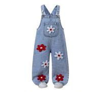 Shein Overoles de mezclilla para niñas jóvenes, bordado de lazo rosa azul claro, pierna recta holgada, algodón, verano regreso a la escuela vaquera otoño in