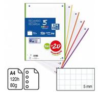 Shein Oxford - Recambio Hojas Cuadriculadas A4 Perforadas, Recambio Archivador, 120 Hojas, Cuadrícula 5x5, 5 Colores de Banda vivos Surtido cantiad 1pack, 2