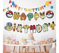 Shein Pancarta de cumpleaños feliz de Pokémon, texto con patrones temáticos de Pokémon como Pikachu, pequeño dragón de fuego, pato Korda, etc., adecuado par