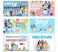 Shein Pancarta de fondo para fiesta de cumpleaños con tema de Bluey, con seis diseños vibrantes que presentan a la querida familia y amigos de Blue Heeler e