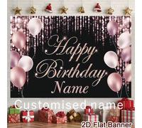Shein Pancarta de fondo personalizable con nombre & tema de cumpleaños, base rosa, diseño de globo con diamantes de purpurina plateada, adecuada para decora