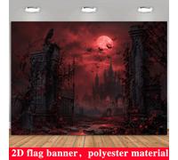 Shein Pancarta de fondo plana 2D para fiesta de Halloween, tema de castillo rojo sangre, con elementos de luna roja, cuervo, murciélago, puerta de hierro an