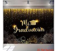 Shein Pancarta plana 2D, fondo extra grande para graduación, decorado con purpurina negra y dorada, con mensajes de felicitación en español. Pancarta gigant