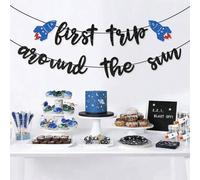Shein Pancarta Primer Viaje Alrededor Del Sol - Decoración de Fiesta de Primer Cumpleaños con Tema Espacial - Cohete, Astronauta, Sistema Solar, Planetas -