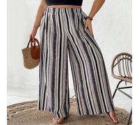 Shein Pantalón de pierna ancha con estampado de rayas y geométrico para tallas grandes, Curve Plus, Hoho Vacation