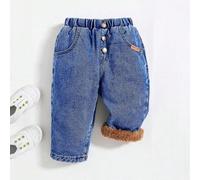 Shein Pantalones afilados de bebé niño de mezclilla azul con detalles de parche de letra naranja suave y esponjoso, para uso casual, interior/exterior en ot