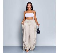 Shein Pantalones anchos casuales de talle con cordón y pliegues de unicolor para mujer de talla grande, con varios diseños y sentido de la moda, con bolsill