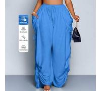 Shein Pantalones anchos casuales de talle con cordón y pliegues de unicolor para mujer de talla grande, con varios diseños y sentido de la moda, con bolsill