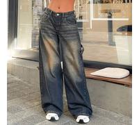 Shein Pantalones anchos de cintura alta con lavado vintage 100% algodón Y2K de RueChic, con bolsillos sesgados crudos para uso casual diario al aire libre