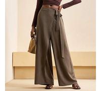 Shein Pantalones anchos de pierna suelta con acento en el panel frontal, cintura con lazo, color caqui, pantalones para mujer, estilo de uso diario, todo a