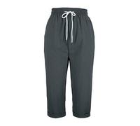 Shein Pantalones capri rectos de pierna de tela con efecto plisado, cintura elástica con cordón, unicolor gris oscuro, para mujer talla grande. Versátiles p