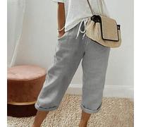 Shein Pantalones capri rectos de tela con efecto plisado, cintura elástica con cordón, unicolor gris, talla grande, versátiles para primavera/verano, adecua