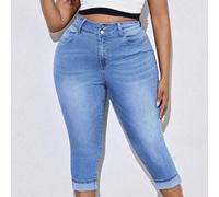Shein Pantalones capri vaqueros azules elásticos de talla grande para mujer, para el 4 de julio, vacaciones de verano, estilo vaquero occidental, uso casual