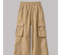 Shein Pantalones cargo de pierna ancha estilo callejero para niña preadolescente, pantalones largos de uniforme escolar con cintura elástica y múltiples bol