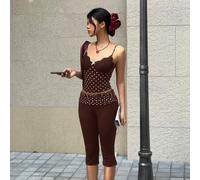 Shein Pantalones casuales ajustados de 7/8 de color marrón con abertura lateral y lunares rosas, para mujer, ropa casual de Año Nuevo