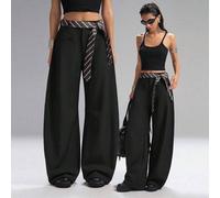 Shein Pantalones casuales de mujer 2025 con pierna acampanada y suelta de color negro con cinturón a rayas