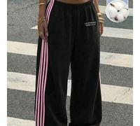 Shein Pantalones casuales de pierna ancha de punto negro con bordado de copos de nieve y letras, de mezcla de algodón, adecuados para salidas, estilo callej