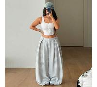 Shein Pantalones casuales holgados con pliegues tejidos a rayas, versátiles para el verano, talla grande