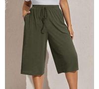 Shein Pantalones casuales sólidos de largo medio con bolsillos, cintura elástica, tela de punto acanalado de seda de hielo ultra fina, material liso y no pe