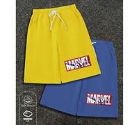 Shein Pantalones cortos básicos de algodón para hombre, estampado de Spider-Man de Marvel, estilo universitario con bloques de color acanalados, novedad pri