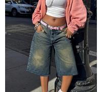 Shein Pantalones cortos bermuda vaqueros estilo Y2K vintage desgastado con bolsillos sesgados, efecto gato, estilo ancho de pierna, longitud hasta la rodill