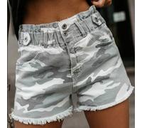 Shein Pantalones cortos casuales para mujer, de tela de color camuflaje, con cordón y botón, sencillos, esenciales para el verano diario.