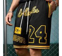 Shein Pantalones cortos de baloncesto de punto negros para hombres con gráfico impreso de Los Ángeles 24 y detalle de bolsillo