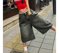 Shein Pantalones cortos de mezclilla vaqueros estilo jorts casuales con efecto gastado y bolsillos, corte ancho estilo bermuda, estilo vintage y años 2000 p