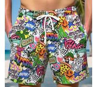 Shein Pantalones cortos de playa casuales para hombres con estampado de letras de dibujos animados, cintura con cordón y bolsillos en diagonal, estilo de va