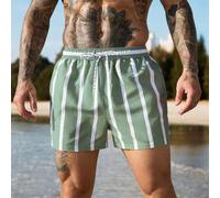 Shein Pantalones cortos de playa con estampado de rayas, cintura con cordón y bolsillo en diagonal, estilo de vacaciones de verano para hombres, conjunto de