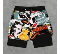 Shein Pantalones cortos de playa de doble capa con estampado de cartel retro para hombres