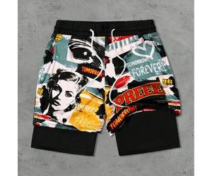 Shein Pantalones cortos de playa de doble capa con estampado de cartel retro para hombres