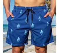 Shein Pantalones cortos de playa holgados con estampado de cactus en todo el diseño, cintura con cordón y bolsillos en diagonal para hombre, estilo de vacac
