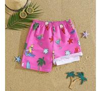 Shein Pantalones cortos de playa sueltos y versátiles para niños preadolescentes, con forro de parche y estampado de árboles de coco y helado