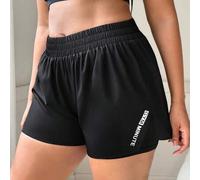 Shein Pantalones cortos deportivos de mujer talla grande con parche de malla y eslogan, pantalones cortos deportivos casuales con dobladillo con abertura, a
