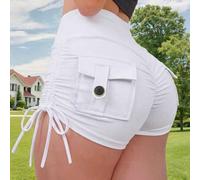 Shein Pantalones cortos deportivos de verano para mujer, tipo yoga cargo, con cintura elástica que levanta el trasero, cintura ancha, bolsillos con solapa,