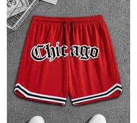 Shein Pantalones cortos deportivos estilo casual con estampado de Chicago, adecuados como regalo del Día del Padre, ropa deportiva para hombres, con cordón