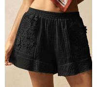 Shein Pantalones cortos holgados de cintura alta de unicolor tejidos con parches de encaje floral, estilo de vacaciones campestres