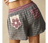 Shein Pantalones cortos holgados de talle alto con estampado de cuadros, bordados y tejidos en estilo boho, casual y campestre para vacaciones