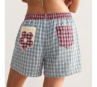Shein Pantalones cortos holgados de talle alto con estampado de cuadros, bordados y tejidos en estilo bohemio, casual y campestre para vacaciones