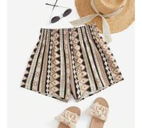 Shein Pantalones cortos holgados tejidos con cordón geométrico para vacaciones de mujeres con cintura elástica