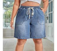 Shein Pantalones cortos vaqueros de talla grande para mujer con cordón en la cintura y bolsillos, de corte relajado, Curve Plus, perfecto para vacaciones