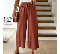Shein Pantalones de algodón y lino informales de 7/8, color rojo óxido oscuro, adecuados para volver al colegio, uniforme de maestro